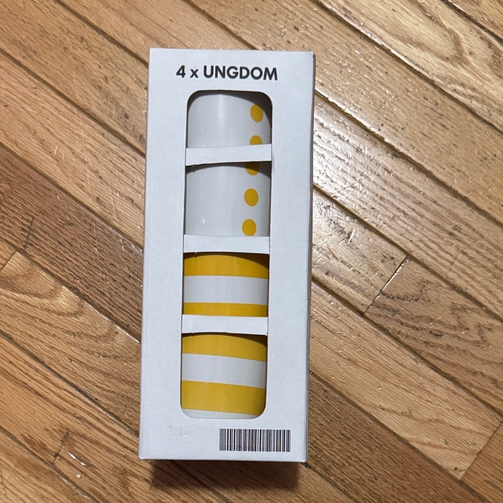 NWT in box Ikea Ungdom Bright & Attractive Yellow & White Stripes & Dots Cup Set
